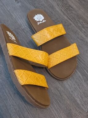 Yellow Box • "Feylie" Mustard Woven Double-Strap Slide Sandals